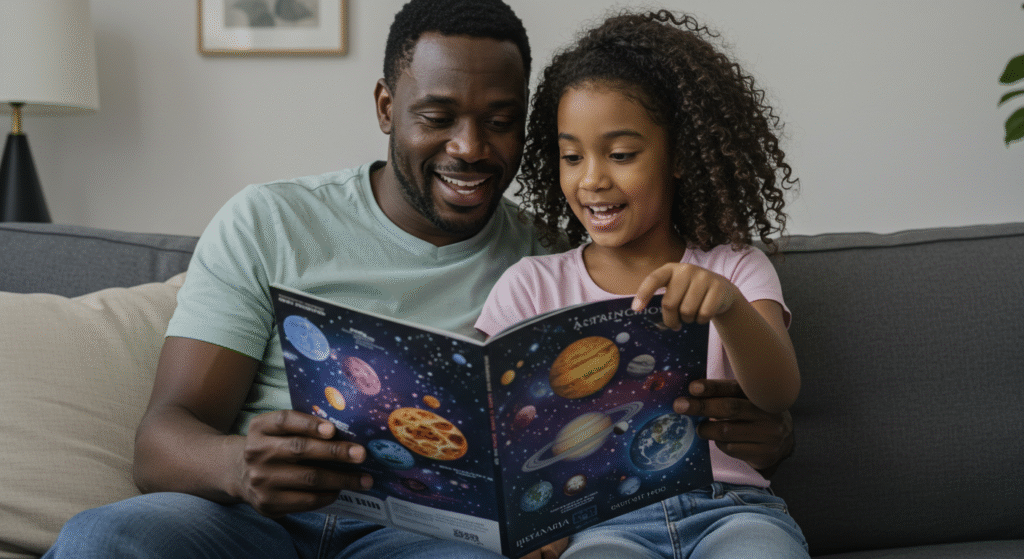 Father helping his daughter who once refused to read, smiling together while exploring a colorful astronomy magazine.