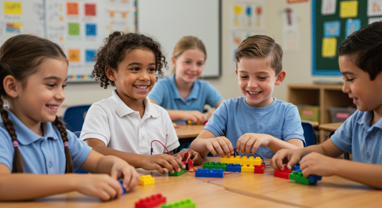 Elementary students gaining early exposure to STEM in a classroom, working together on hands-on science and math activities with teacher guidance.