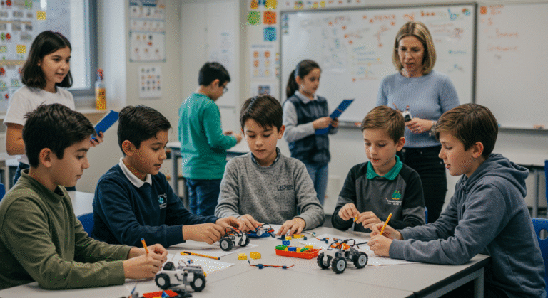 Students engaged in hands-on STEM activities, building robots and experimenting with science kits, promoting critical thinking in STEM learning.