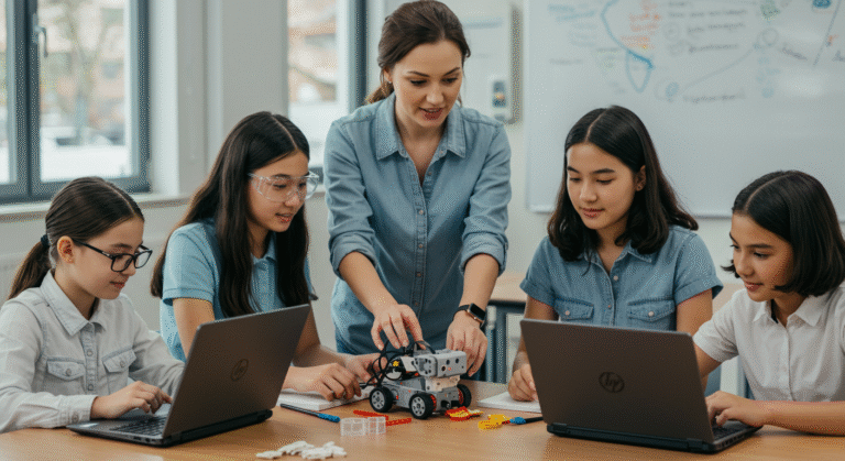 Diverse young girls in STEM careers learning robotics and coding with a female mentor in a modern classroom.