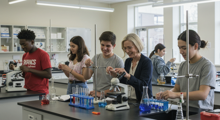 High school students engaged in STEM in the Classroom activities, experimenting with test tubes and microscopes under teacher guidance in a modern science lab.