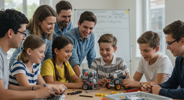 Group of diverse students engaged in a robotics project with a tutor, showcasing successful STEM support for kids.