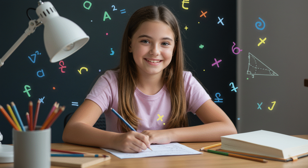 Confident middle school girl smiling while solving math word problems at her study desk.