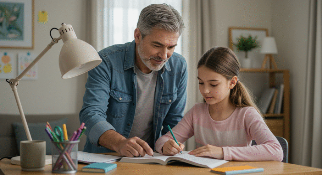 Father helping daughter fix common grammar mistakes during homework at home.