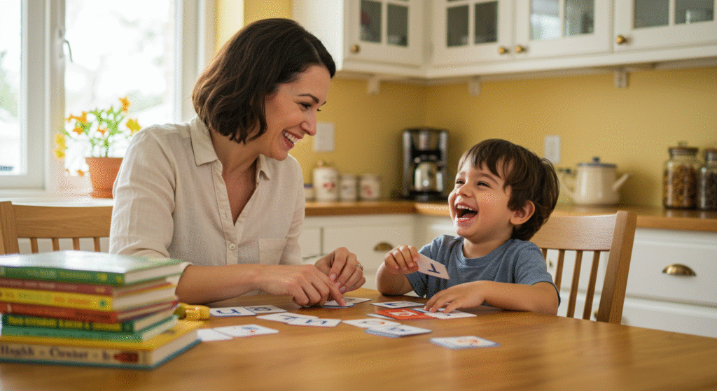 Parent and child enjoying vocabulary building activities together at home
