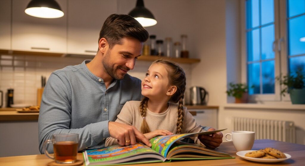 Father and daughter enjoying reading together at home