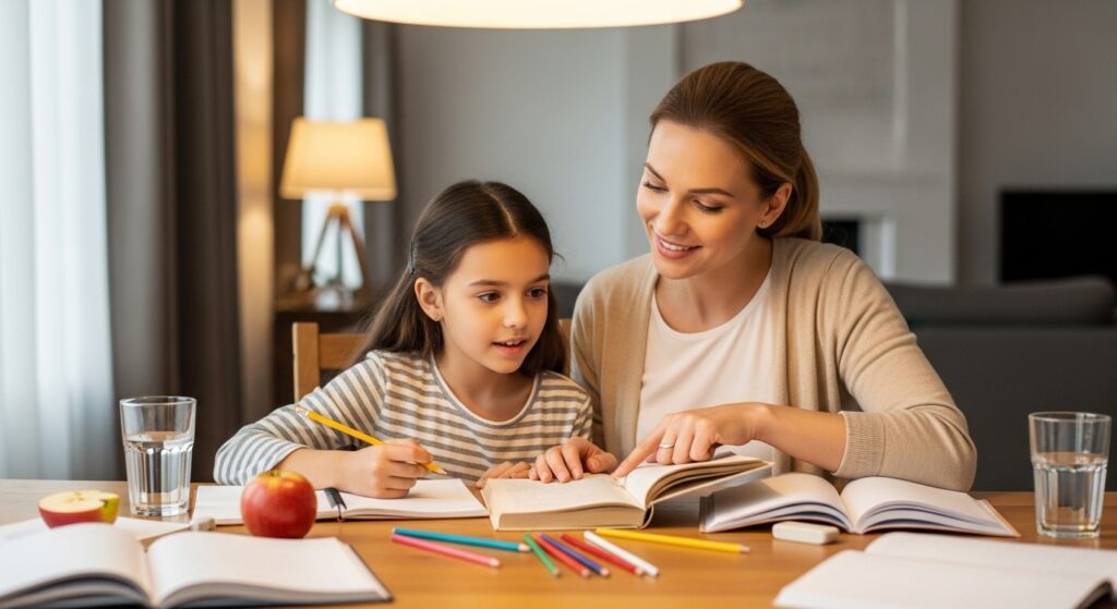 Parent helping her child overcome difficult subjects at home