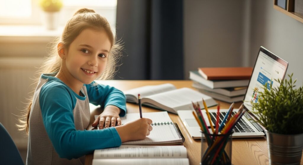 Child confidently practicing writing skills at home with tutoring support