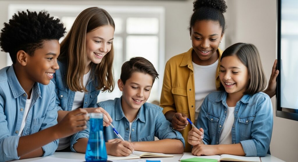 Happy children actively engaged in various learning activities, illustrating effective ways to make learning stick.
