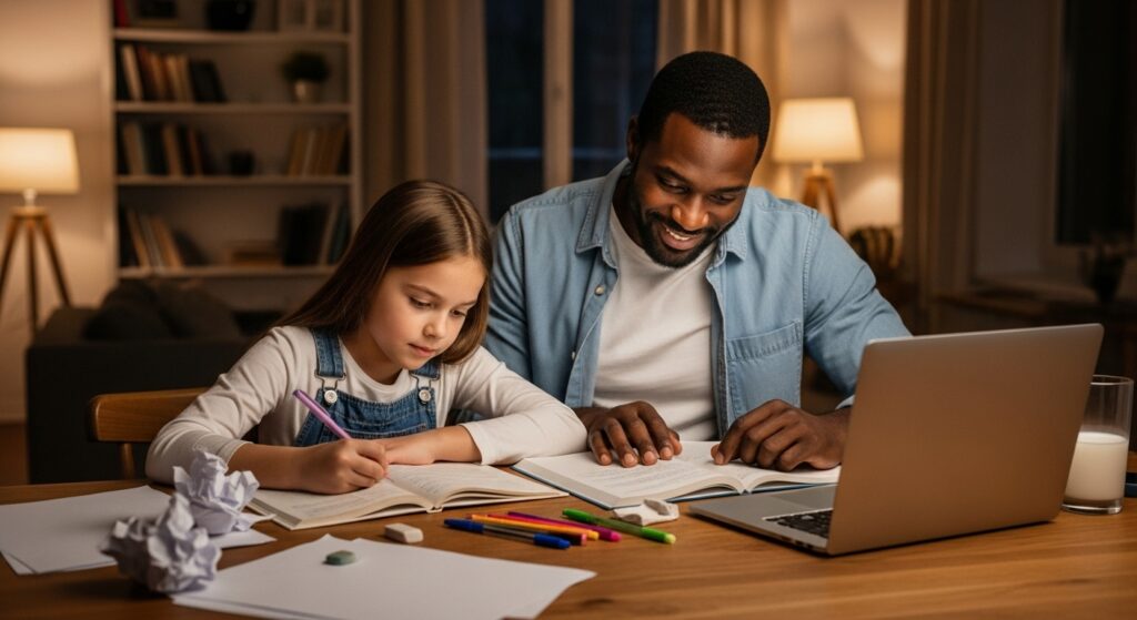 Father and daughter managing homework deadlines together at the dining table