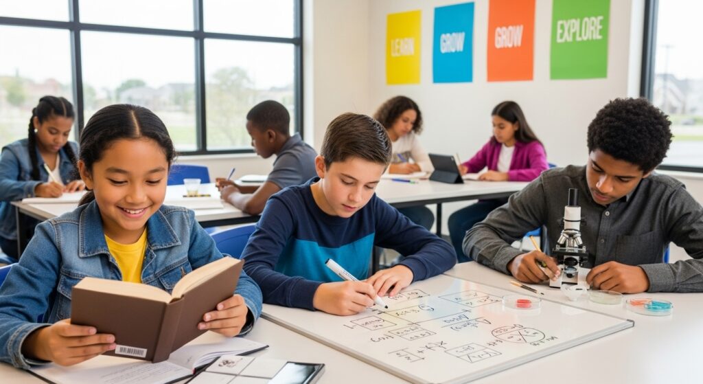 Confident K-12 students actively engaged in independent learning activities, symbolizing growth and self-reliance.