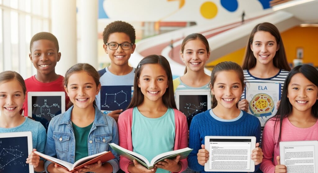 Confident K-12 students, diverse and smiling, avoid careless mistakes with STEM Prep Tutoring.