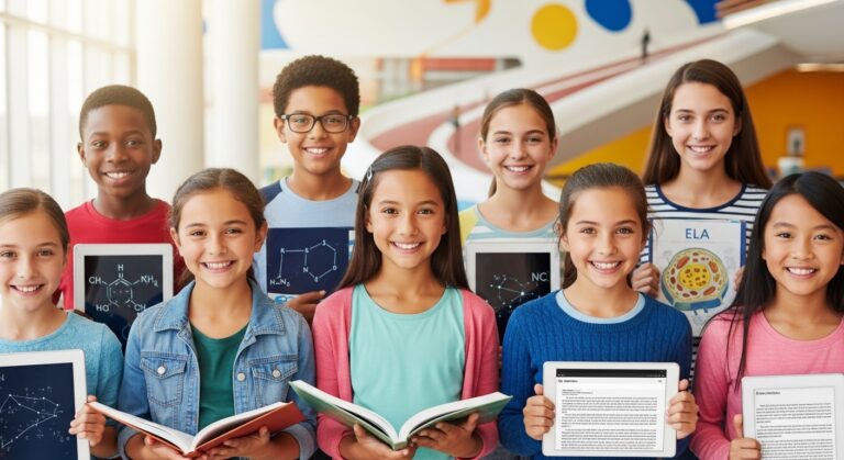 Confident K-12 students, diverse and smiling, avoid careless mistakes with STEM Prep Tutoring.