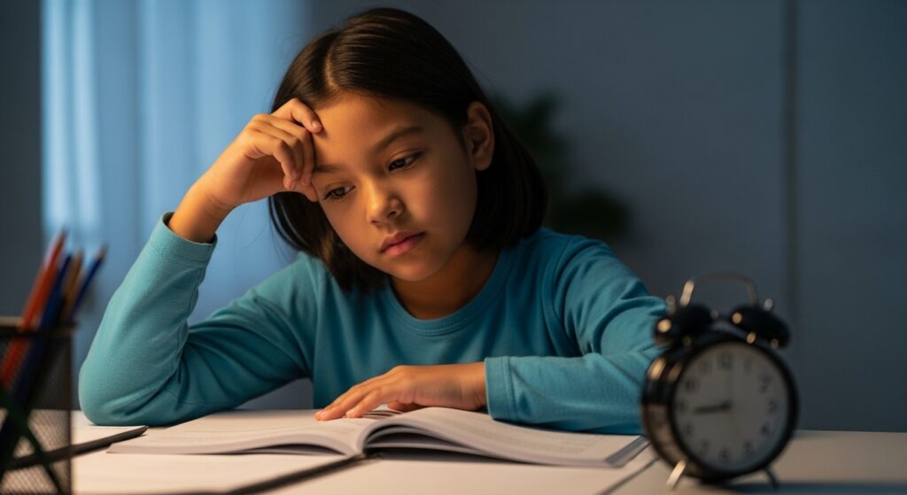 A young student shows frustration with homework late at night, often due to persistent careless mistakes.