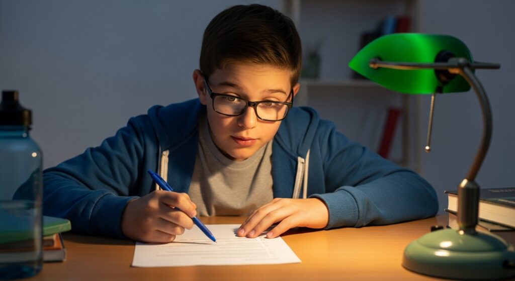 A student whispers aloud, explaining steps to an online math tutor, reducing careless mistakes.