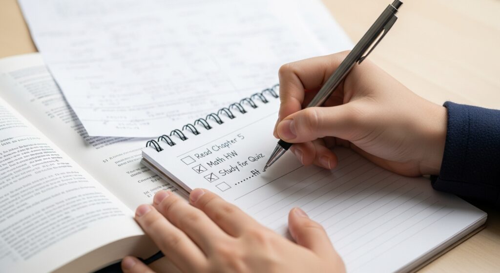 A student uses a pre-flight checklist to avoid careless mistakes before starting math homework.
