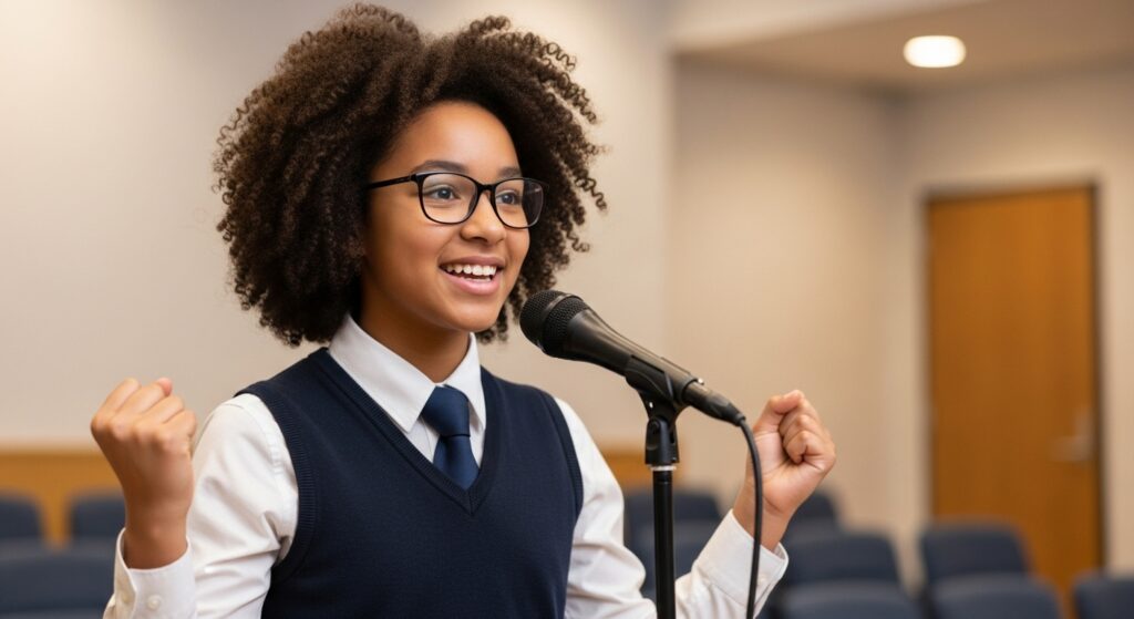 Confident K-12 student masters public speaking with a smile, overcoming past fears.