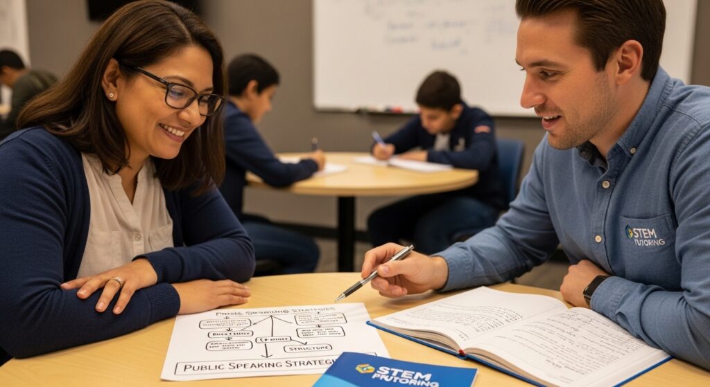 A parent and tutor discuss effective strategies to build public speaking confidence in students.