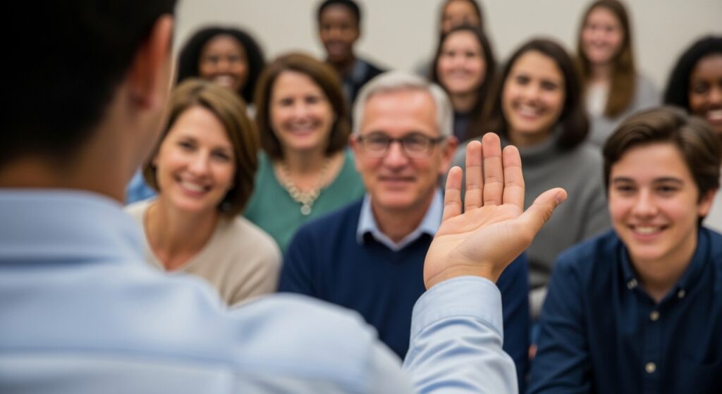 Student uses the 'Spotlight Swap' technique, focusing on friendly faces during public speaking.