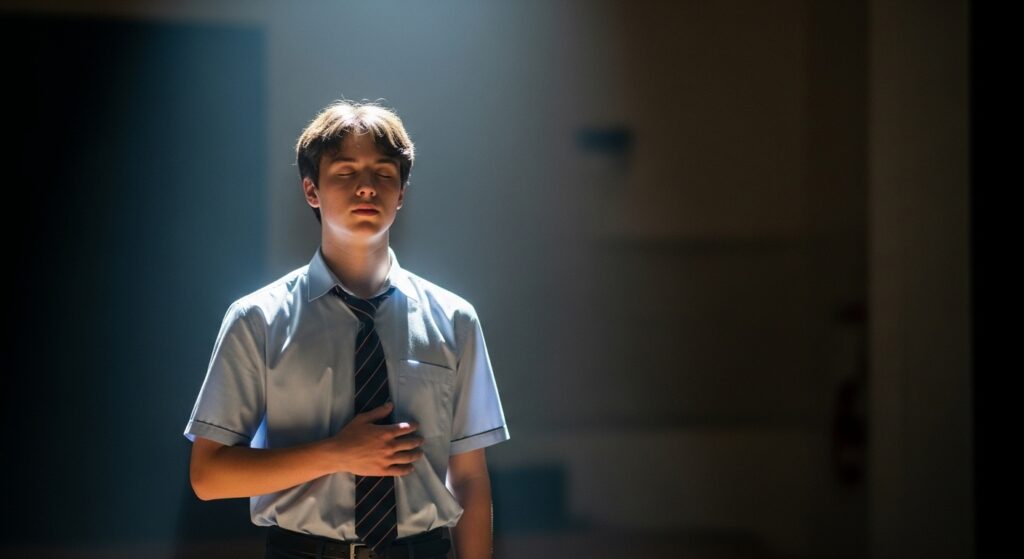 A student performs tension-release breathing to manage nerves before a public speaking engagement.