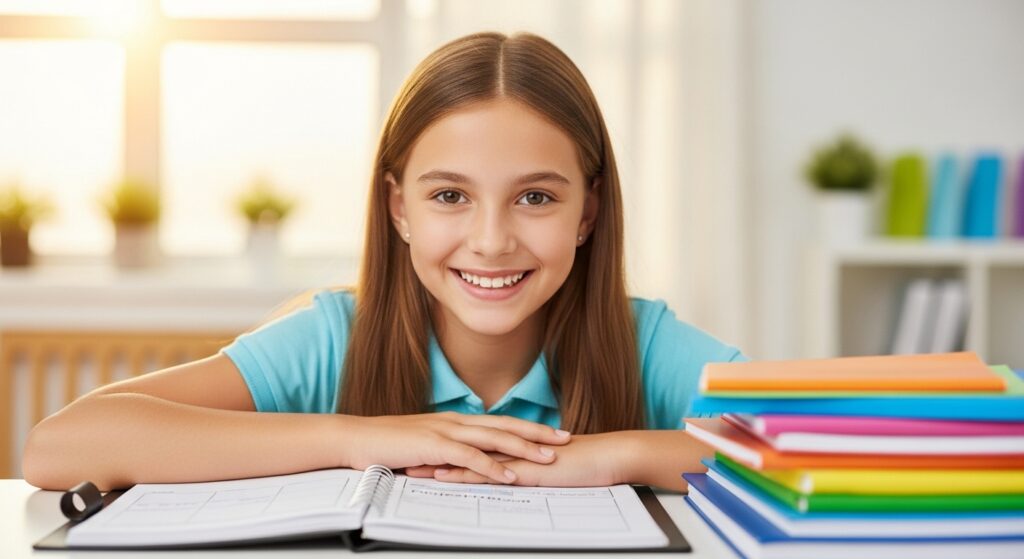A confident middle school student successfully organized to manage large projects, showcasing a clear and efficient project planner.