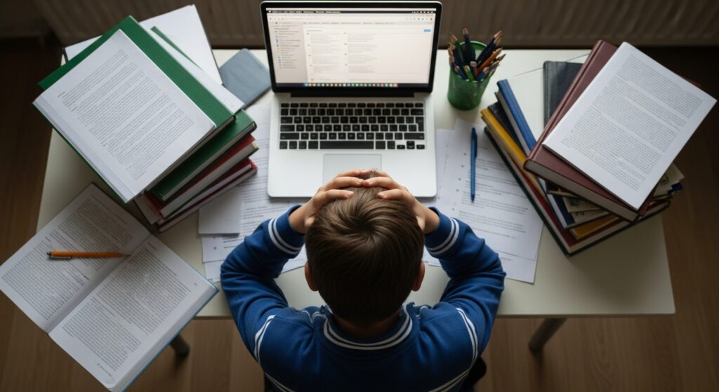 A student overwhelmed by disorganized school materials, struggling to manage large projects and feeling frustrated.