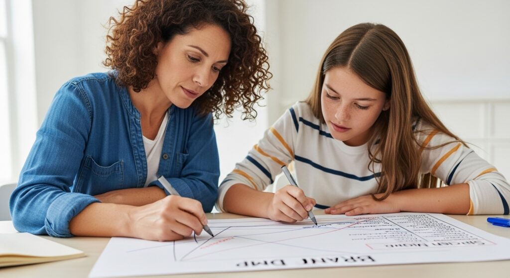 A parent and child collaboratively performing a "brain dump" to break down and manage large projects effectively.