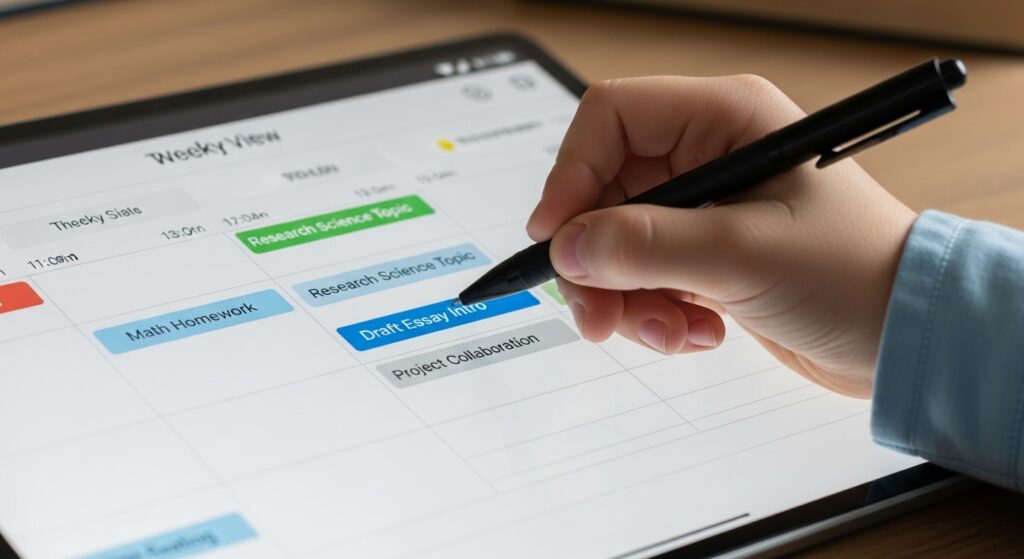 A detailed project calendar with specific time blocks scheduled, illustrating effective time management to manage large projects.