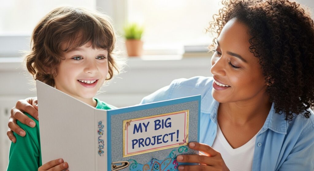 A proud student presenting a completed project to a supportive parent, showing success in how to manage large projects.