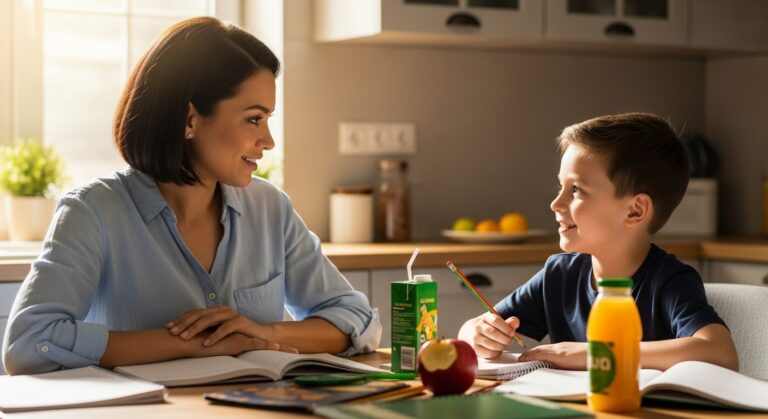Mother and child talking about school after homework in a warm home environmen