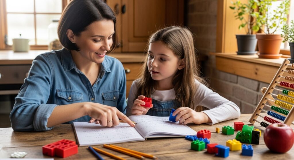 Mother helping her daughter master basic math facts during homework time