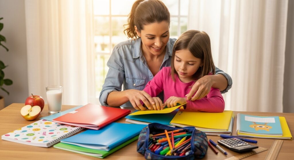Parent helping child stay organized with schoolwork at home