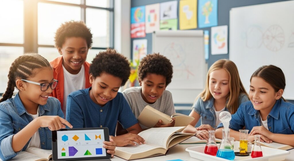 Happy children successfully tackling schoolwork with confidence and support from STEM Prep Tutoring.