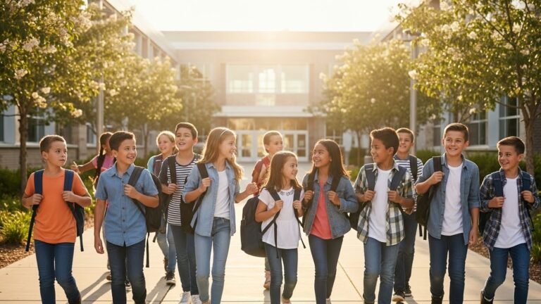 Diverse group of students walking to school with confidence, symbolizing a positive attitude towards school.