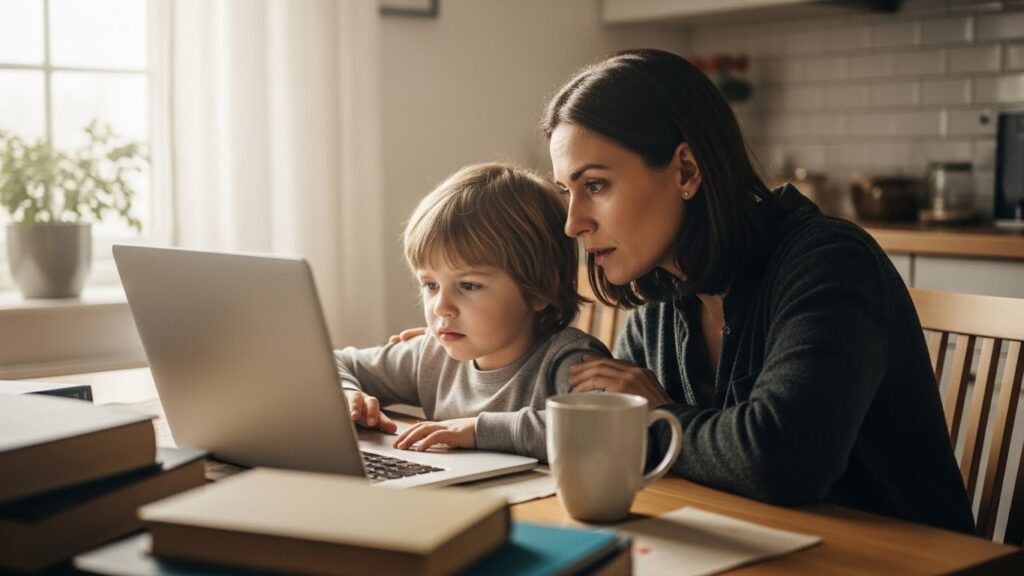 A concerned parent supports a child struggling with online learning at home.