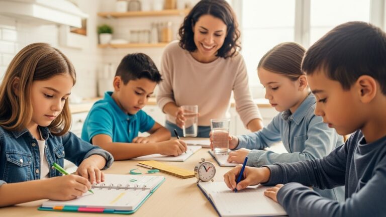 A hopeful scene of children calmly learning strategies to manage school homework with a parent's support.