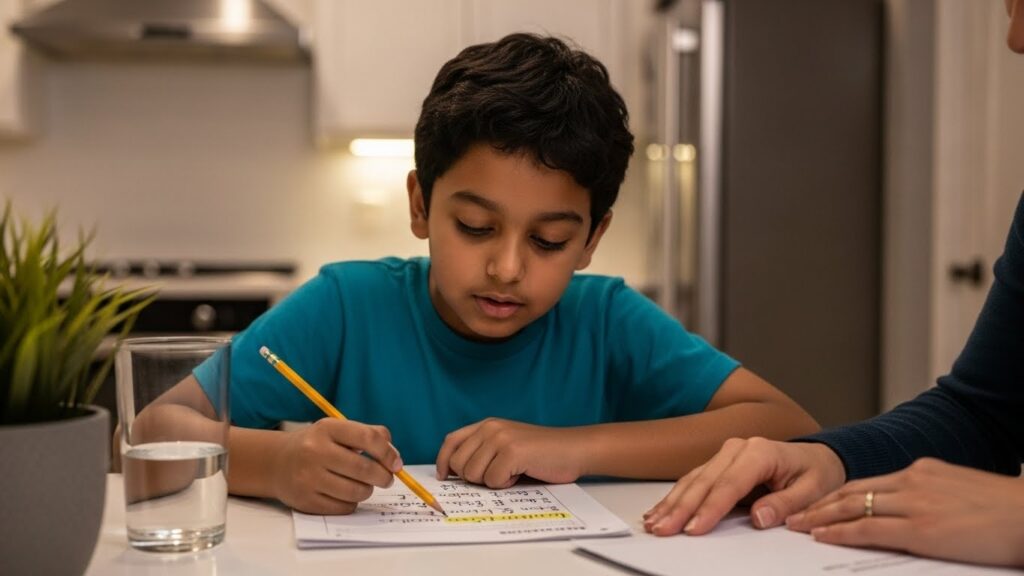 A determined boy with supportive parent nearby learns how to solve a multi-step problem.