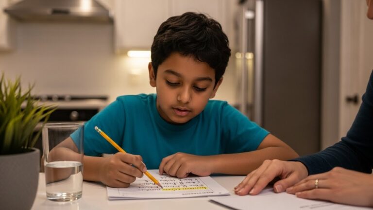 A determined boy with supportive parent nearby learns how to solve a multi-step problem.