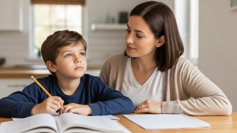 A concerned mother observes her son who is unfocused during lessons at the kitchen table.