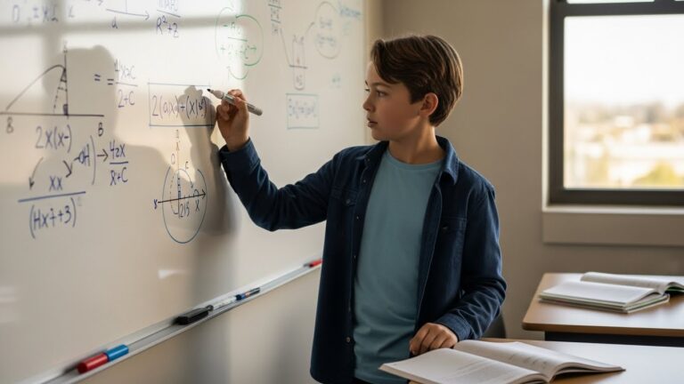 A focused young boy experiences a moment of self motivation as he solves a problem on a classroom whiteboard, illustrating the positive outcome of internal drive.