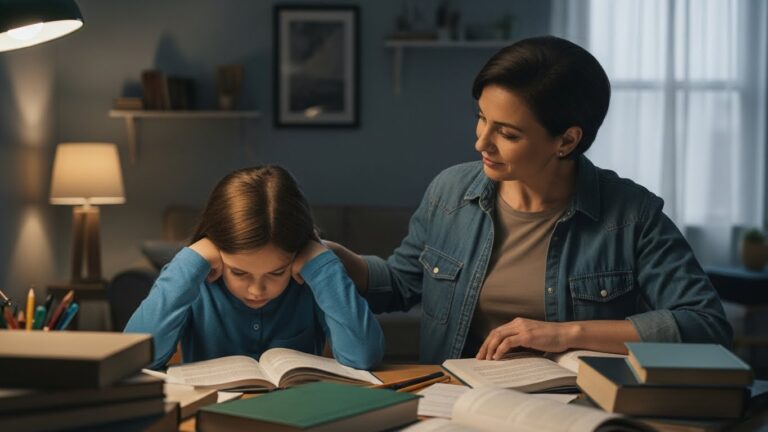 A parent offers patient support to a frustrated child struggling to follow directions on homework.
