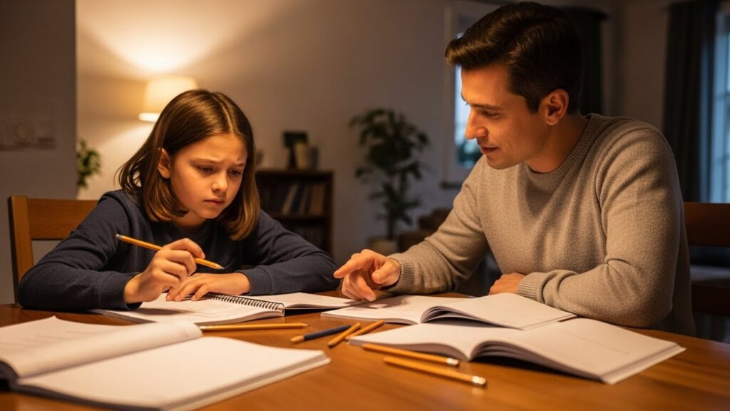 Parent supporting a child who is making careless mistakes during homework time
