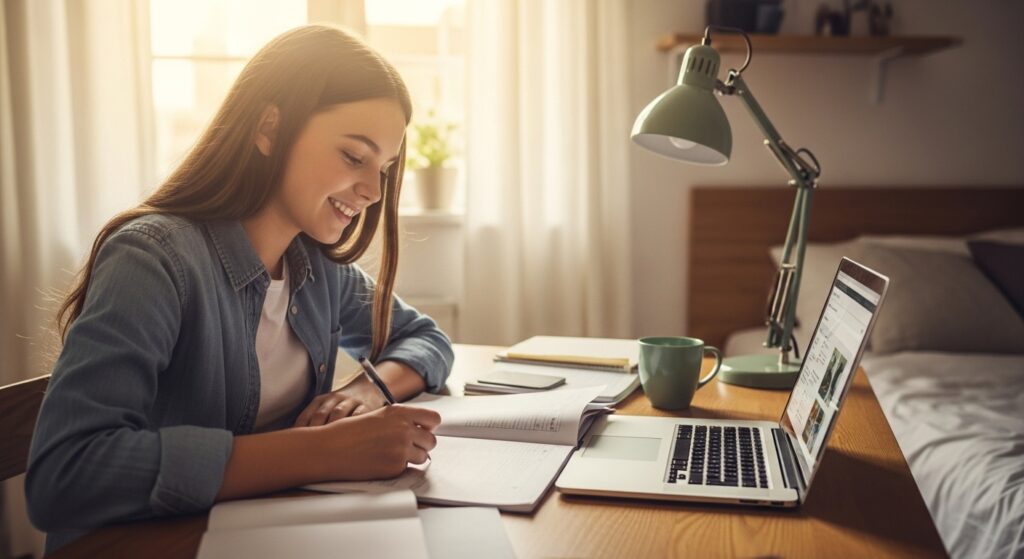 Confident student smiling while reviewing study notes to improve results on tests with structured learning