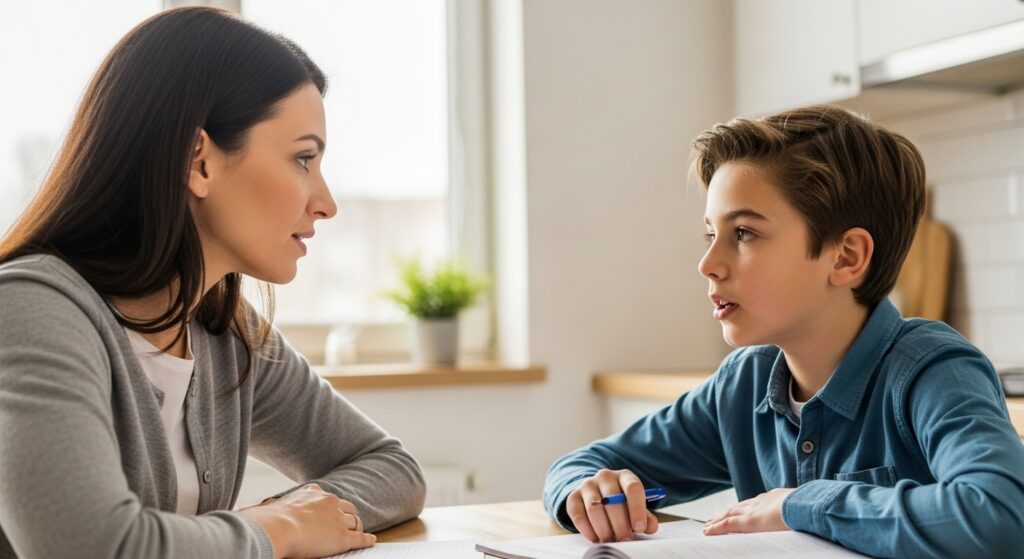 Parent having supportive conversation with child about learning challenges to help improve results on tests