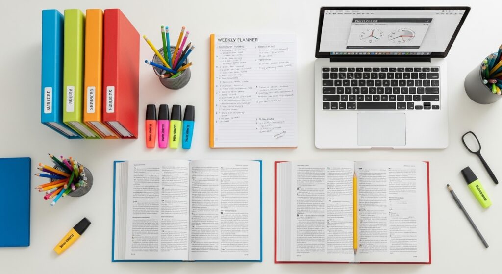 Organised study desk with structured weekly planner and colour-coded materials to help students improve results on tests