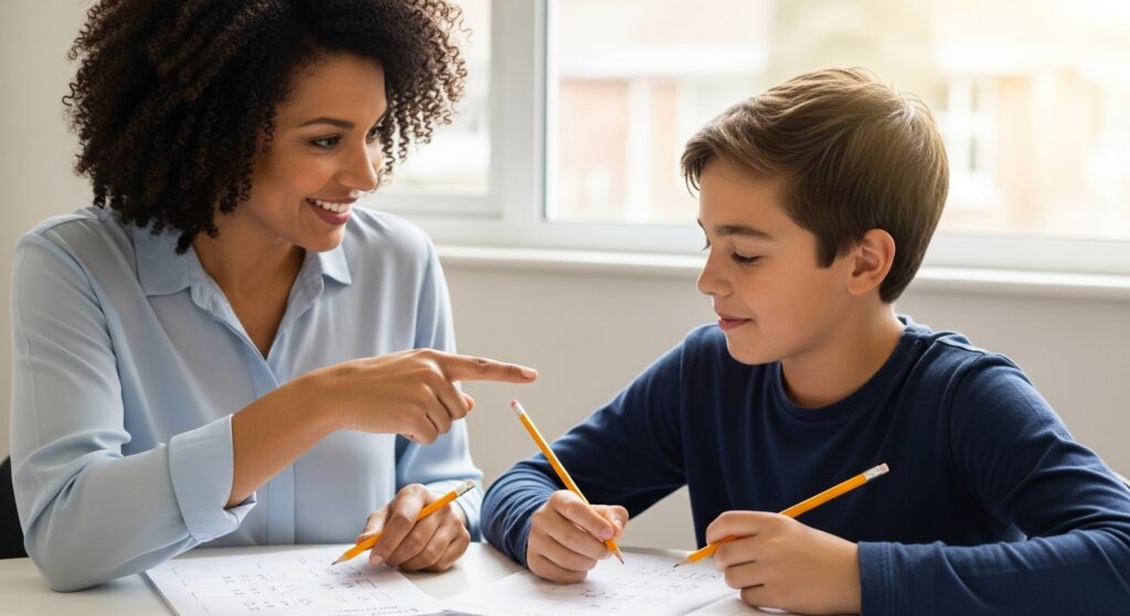 Encouraging tutor praising student's improved work to build confidence and improve results on tests