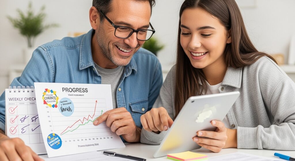 Parent and student celebrating measured progress and improved test results shown on achievement chart