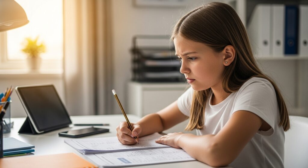 Frustrated child struggling to stay focused on homework worksheet at desk with digital distractions visible in background