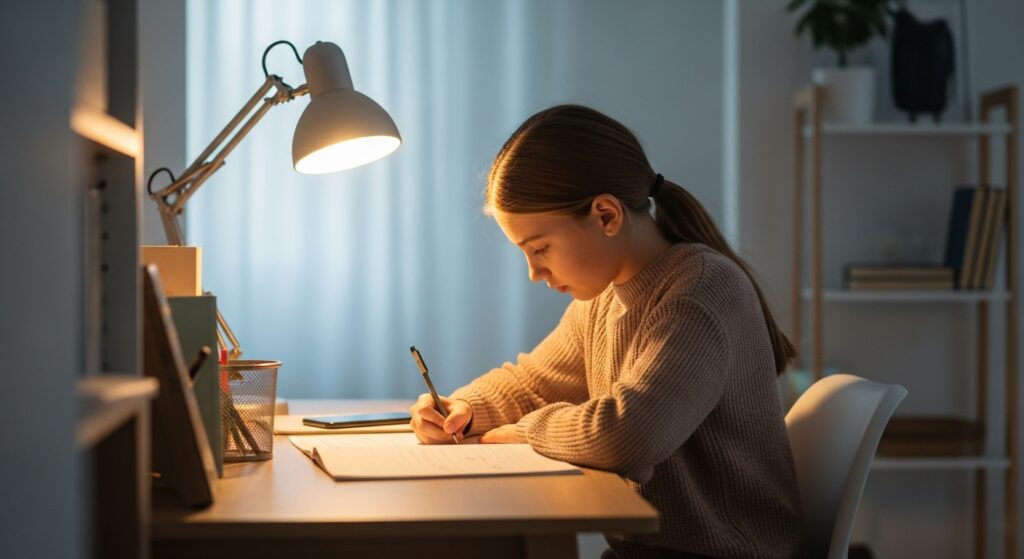 Child staying focused on homework at a clean, distraction-free learning zone desk