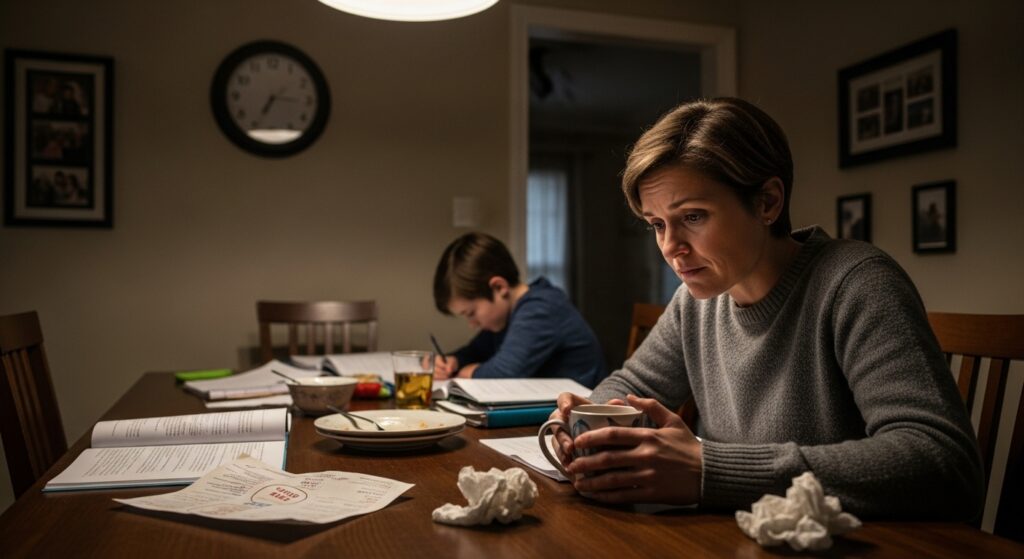 A parent concerned about a child falling behind in classwork during evening homework time